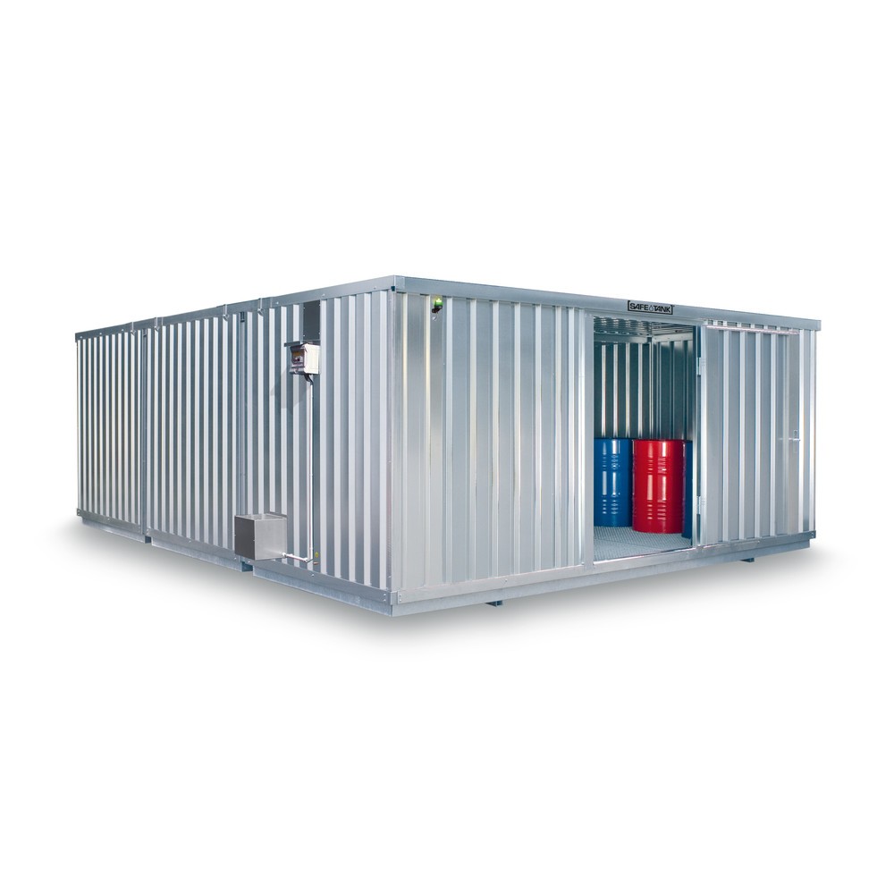 Produktabbildung: SAFE Tank Gefahrstoffcontainer Kombination 5000 ECO, energieeffizient durch bedarfsgerechte Lüftersteuerung, Maße außen 5380x6520x2300 mm, Einzelflügeltür, mittig in der kurzen Seite, Lagerfläche 31 m²