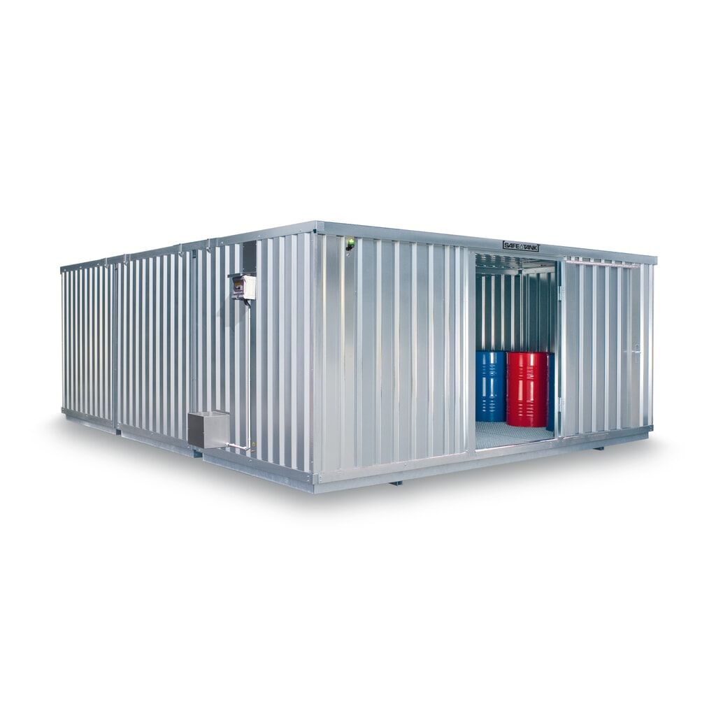 Produktabbildung: SAFE Tank Gefahrstoffcontainer Kombination 5000 ECO, energieeffizient durch bedarfsgerechte Lüftersteuerung, Maße außen 5380x6520x2300 mm, Einzelflügeltür, mittig in der kurzen Seite, Lagerfläche 31 m²