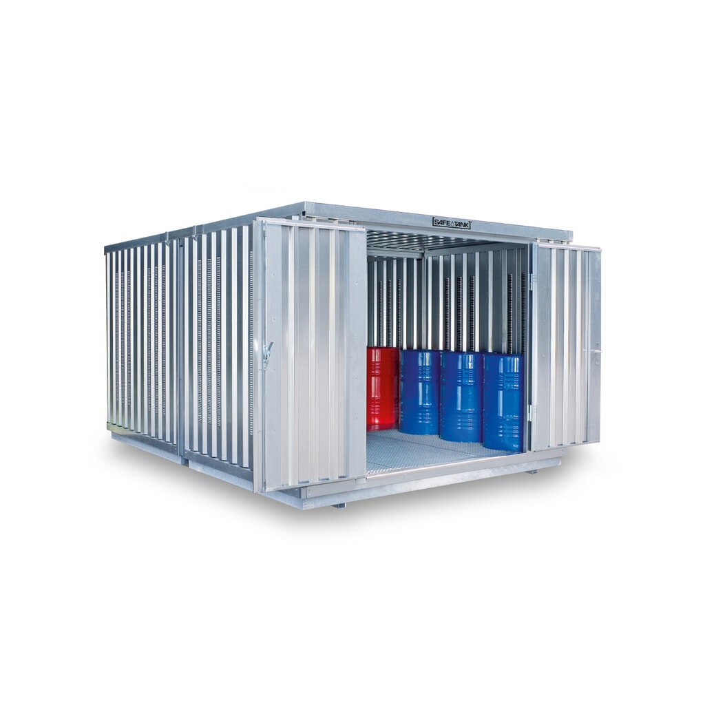 Produktabbildung: SAFE Tank Gefahrstoffcontainer Kombination 2500 PLG, verzinkt, vormontiert, Maße außen 4050x4340x2300 mm, Doppelflügeltür (asymmetrische Teilung), mittig in der kurzen Seite, Zusatztür, Lagerfläche 16 m²