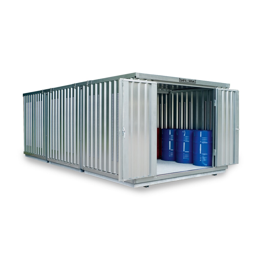 Produktabbildung: SAFE Tank Gefahrstoffcontainer Kombination 3500 PLG, verzinkt, vormontiert, Maße außen 4050x6520x2300 mm, Doppelflügeltür (asymmetrische Teilung), mittig in der kurzen Seite, Zusatztür, Lagerfläche 25 m²