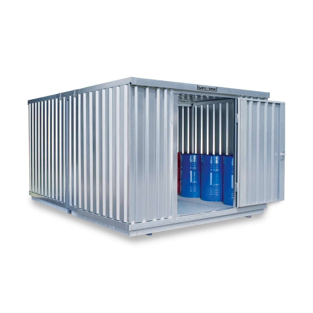 Produktabbildung: SAFE Tank Gefahrstoffcontainer Kombination 2000 WGK 1-3, verzinkt, vormontiert, Maße außen 3050x4340x2310 mm, Einzelflügeltür, mittig im Modul, Lagerfläche 12 m²
