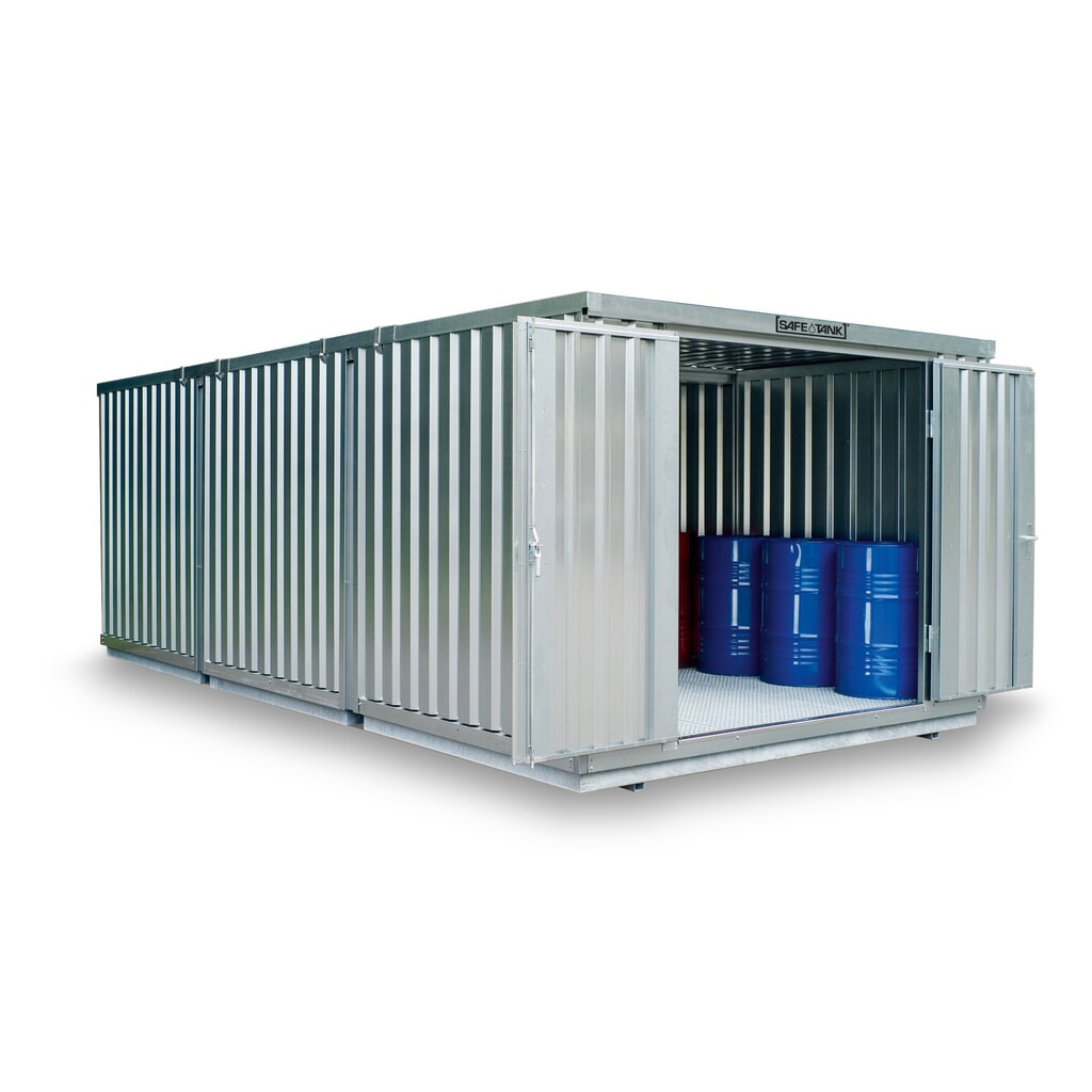 Produktabbildung: SAFE Tank Gefahrstoffcontainer Kombination 3000 WGK 1-3, verzinkt, vormontiert, Maße außen 3050x6520x2310 mm, Doppelflügeltür (asymmetrische Teilung), mittig in der kurzen Seite, Zusatztür, Lagerfläche 19 m²