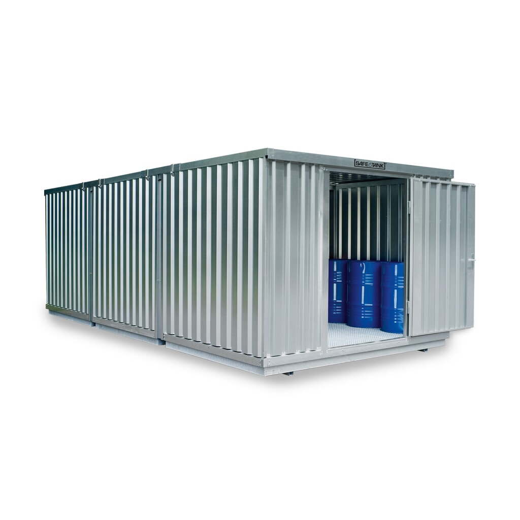 SAFE Tank Gefahrstoffcontainer Kombination 5000 WGK 1-3, verzinkt, vormontiert, Maße außen 5080x6520x2300 mm, Doppelflügeltür (asymmetrische Teilung), mittig in der kurzen Seite, Lagerfläche 32 m² Produktabbildung: SAFE Tank Gefahrstoffcontainer Kombination 5000 WGK 1-3, verzinkt, vormontiert, Maße außen 5080x6520x2300 mm, Doppelflügeltür (asymmetrische Teilung), mittig in der kurzen Seite, Lagerfläche 32 m²