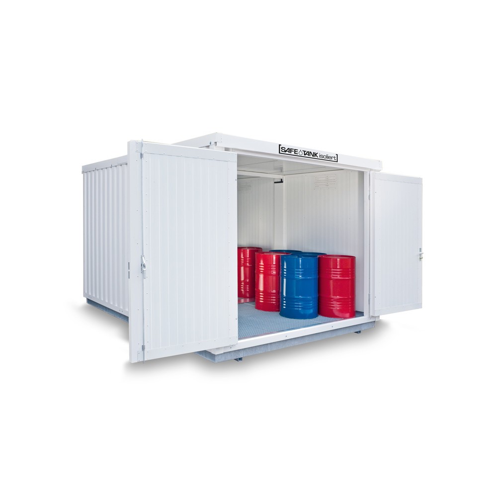Produktabbildung: SAFE Tank Gefahrstoffcontainer Kombination 2500 WGK 1-3, isoliert, vormontiert, kunststoffbeschichtet RAL 9002, Maße außen 4050x4340x2510 mm, Doppelflügeltür (asymmetrische Teilung), mittig in Stirnseite, Lagerfläche 16 m²