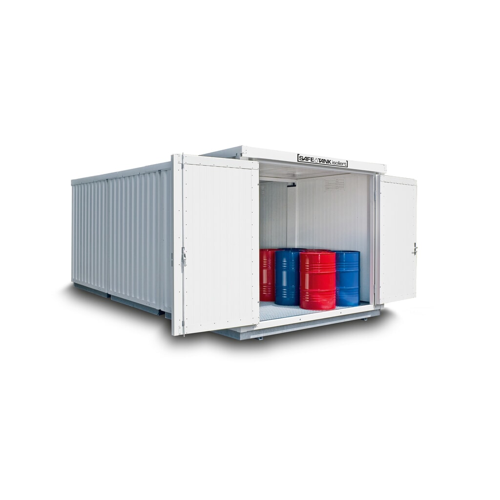 Produktabbildung: SAFE Tank Gefahrstoffcontainer Kombination 3500 WGK 1-3, isoliert, vormontiert, kunststoffbeschichtet RAL 9002, Maße außen 4050x6520x2510 mm, Doppelflügeltür (asymmetrische Teilung), mittig in 4 m Seite, Lagerfläche 24 m²