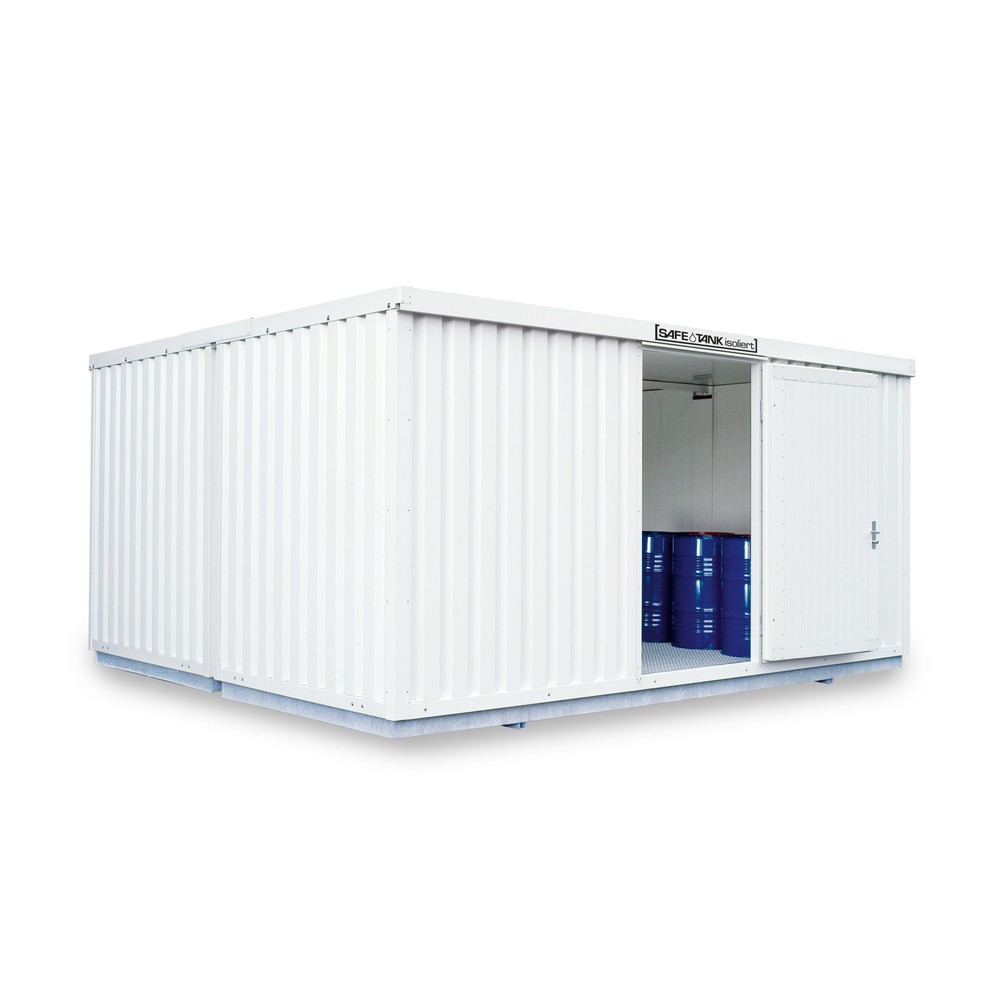 Produktabbildung: SAFE Tank Gefahrstoffcontainer Kombination 4000 WGK 1-3, isoliert, vormontiert, kunststoffbeschichtet RAL 9002, Maße außen 5080x4340x2520 mm, Einzelflügeltür, mittig in Breitseite, Lagerfläche 20 m²