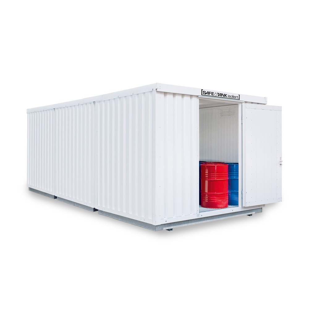 Produktabbildung: SAFE Tank Gefahrstoffcontainer Kombination 2500 WGK 1-3, isoliert, vormontiert, kunststoffbeschichtet RAL 9002, Maße außen 4050x6520x2510 mm, Einzelflügeltür, mittig in Stirnseite, Lagerfläche 24 m²