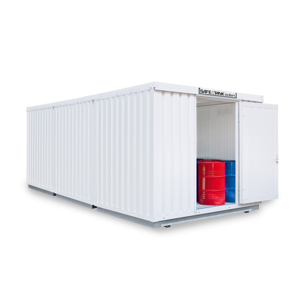 Produktabbildung: SAFE Tank Gefahrstoffcontainer Kombination 3500 WGK 1-3, isoliert, vormontiert, kunststoffbeschichtet RAL 9002, Maße außen 4050x6510x2520 mm, Einzelflügeltür, seitlich in 2m  Seite , Lagerfläche 24 m²