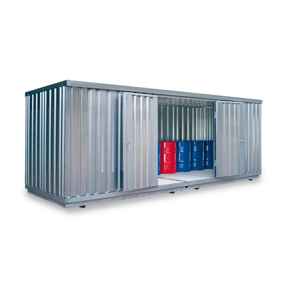 Produktabbildung: SAFE Tank Gefahrstoffcontainer 1900 PLG, Außenaufstellung, verzinkt, montiert, Maße außen 6080x2170x2310 mm, Doppelflügeltür (asymmetrische Teilung), mittig in 6 m Seite, Lagerfläche 12 m²