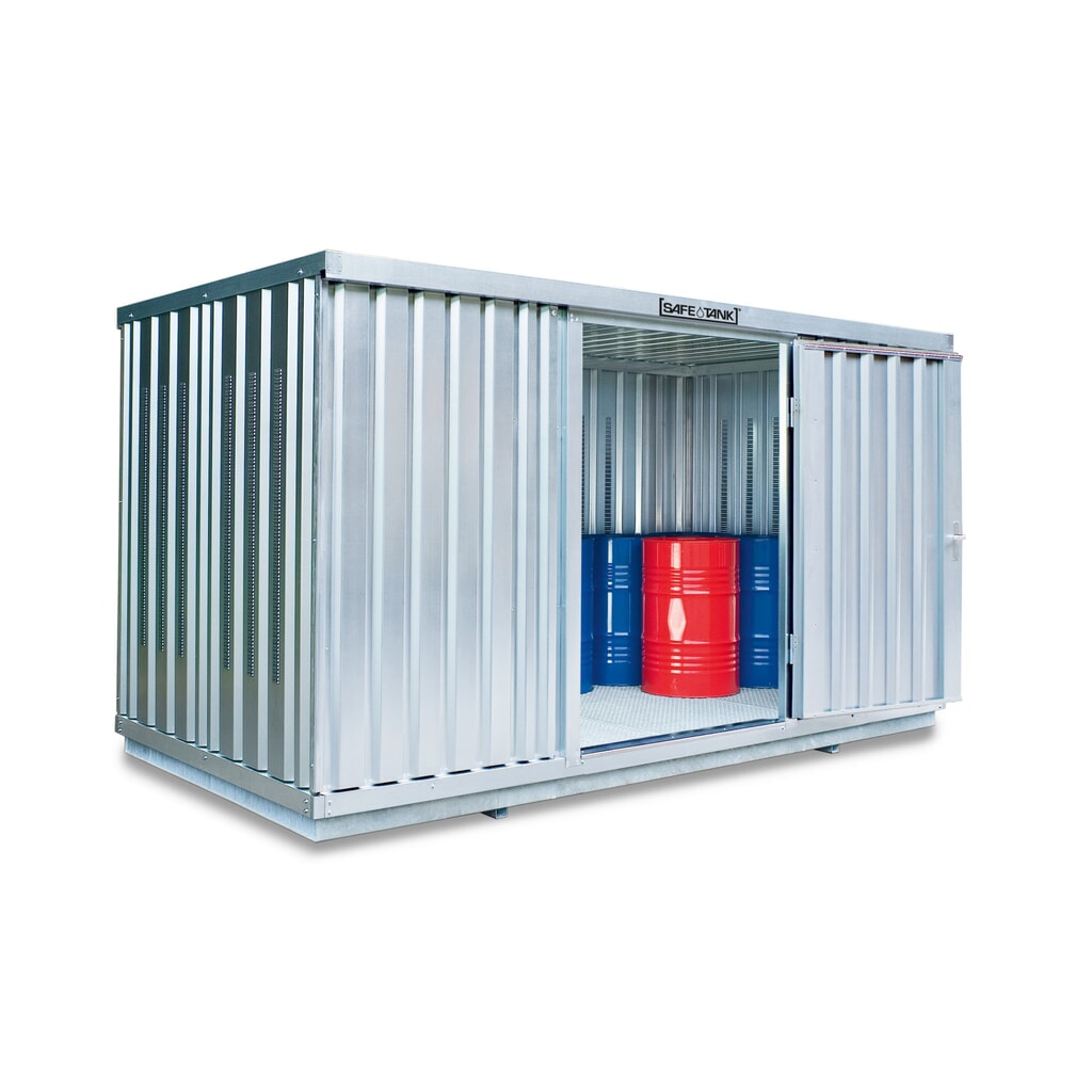 SAFE Tank Gefahrstoffcontainer 1350 PLG, Außenaufstellung, verzinkt, montiert, Maße außen 4050x2170x2300 mm, Einzelflügeltür, mittig in 4 m Seite, Lagerfläche 8 m² Produktabbildung: SAFE Tank Gefahrstoffcontainer 1350 PLG, Außenaufstellung, verzinkt, montiert, Maße außen 4050x2170x2300 mm, Einzelflügeltür, mittig in 4 m Seite, Lagerfläche 8 m²