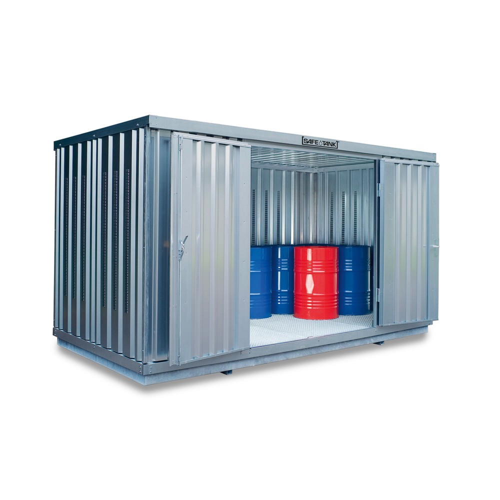 Produktabbildung: SAFE Tank Gefahrstoffcontainer 1350 PLG, Außenaufstellung, verzinkt, montiert, Maße außen 4050x2170x2300 mm, Doppelflügeltür, mittig in 4 m Seite, Lagerfläche 8 m²