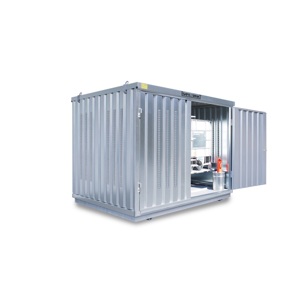 Produktabbildung: SAFE Tank Gefahrstoffcontainer 1000 KTC PLG, Außenaufstellung, verzinkt, montiert, Maße außen 3050x2170x2310 mm, Doppelflügeltür, mittig in 3 m Seite, Lagerfläche 6 m²