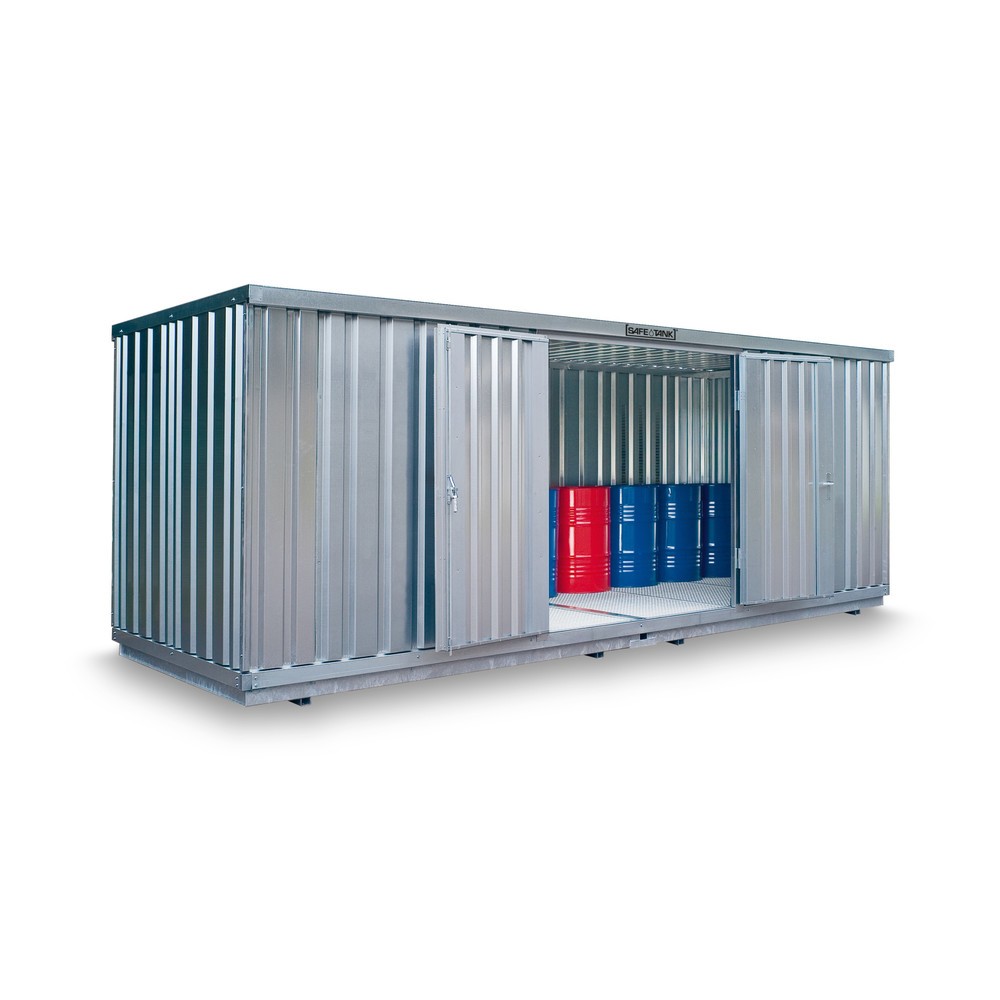 Produktabbildung: SAFE Tank Gefahrstoffcontainer 1700 WGK, verzinkt, montiert, Innen- und Außenaufstellung, Maße außen 5080x2170x2300 mm, Doppelflügeltür (asymmetrische Teilung), mittig in Breitseite, Lagerfläche 10 m²