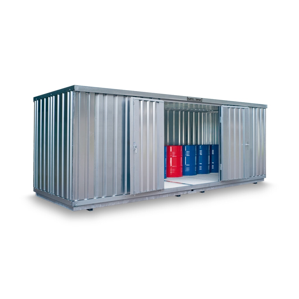 Produktabbildung: SAFE Tank Gefahrstoffcontainer 1700 WGK, verzinkt, montiert, Innen- und Außenaufstellung, Maße außen 5080x2170x2300 mm, Doppelflügeltür (asymmetrische Teilung), mittig in Stirnseite, Lagerfläche 10 m²