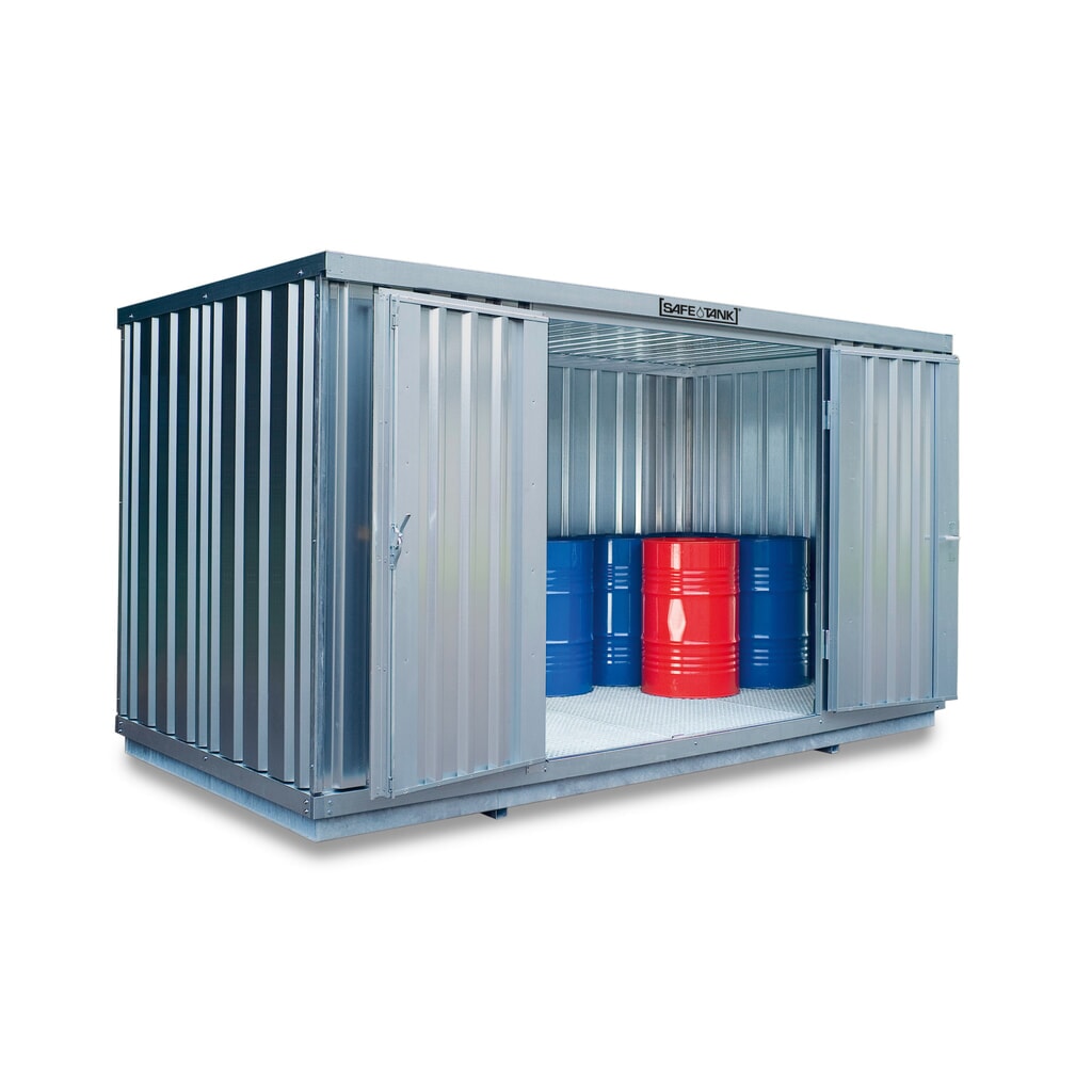 Produktabbildung: SAFE Tank Gefahrstoffcontainer 300 WGK, verzinkt, montiert, Innen- und Außenaufstellung, Maße außen 2100x1140x2300 mm, Doppelflügeltür (asymmetrische Teilung), mittig in Breitseite, Lagerfläche 2 m²