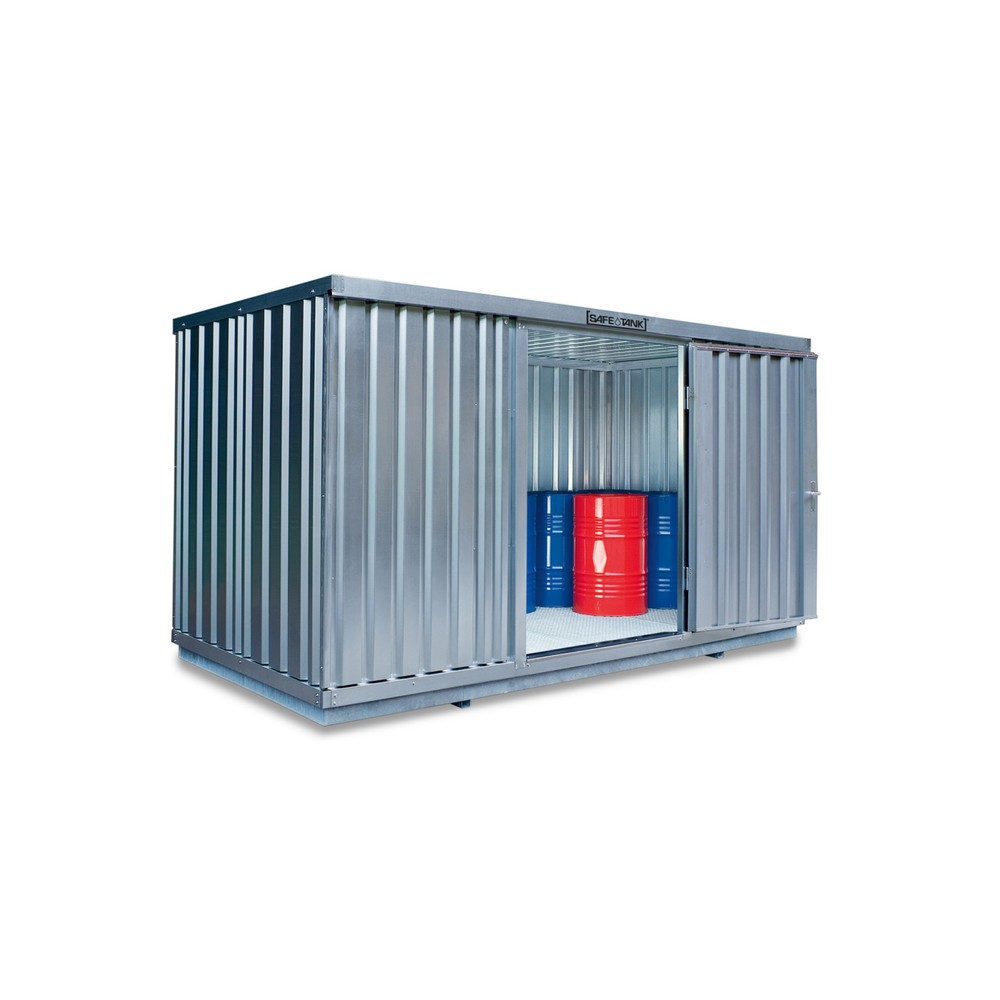 Produktabbildung: SAFE Tank Gefahrstoffcontainer 1900 WGK, verzinkt, montiert, Innen- und Außenaufstellung, Maße außen 6080x2170x2310 mm, Einzelflügeltür, mittig in der 6 m Seite, Lagerfläche 12 m²