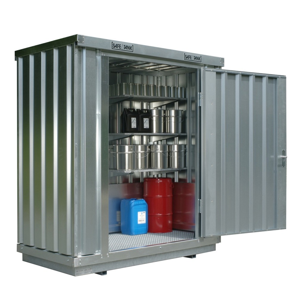 Produktabbildung: SAFE Tank Gefahrstoffcontainer 300 WGK, verzinkt, montiert, Innen- und Außenaufstellung, Maße außen 2100x1140x2300 mm, Einzelflügeltür, mittig in Breitseite, Lagerfläche 2 m²