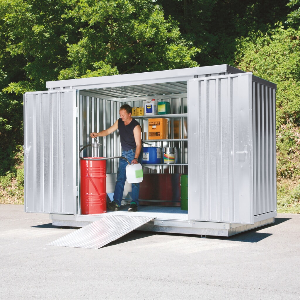 SAFE Tank Gefahrstoffcontainer 1000 WGK, verzinkt, montiert, Innen- und Außenaufstellung, Maße außen 3050x2170x2300 mm, Einzelflügeltür, mittig in Breitseite, Lagerfläche 6 m² Produktabbildung Nr. 3: SAFE Tank Gefahrstoffcontainer 1000 WGK, verzinkt, montiert, Innen- und Außenaufstellung, Maße außen 3050x2170x2300 mm, Einzelflügeltür, mittig in Breitseite, Lagerfläche 6 m²