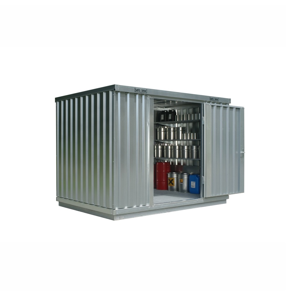 Produktabbildung: SAFE Tank Gefahrstoffcontainer 1000 WGK, verzinkt, montiert, Innen- und Außenaufstellung, Maße außen 3050x2170x2300 mm, Einzelflügeltür, mittig in Breitseite, Lagerfläche 6 m²