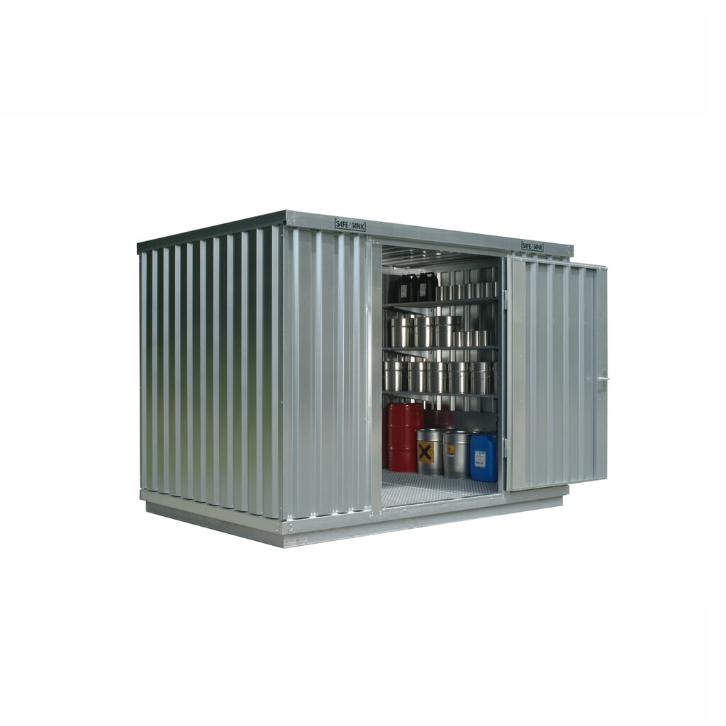 Produktabbildung: SAFE Tank Gefahrstoffcontainer 1000 WGK, verzinkt, montiert, Innen- und Außenaufstellung, Maße außen 3050x2170x2300 mm, Einzelflügeltür, mittig in Breitseite, Lagerfläche 6 m²