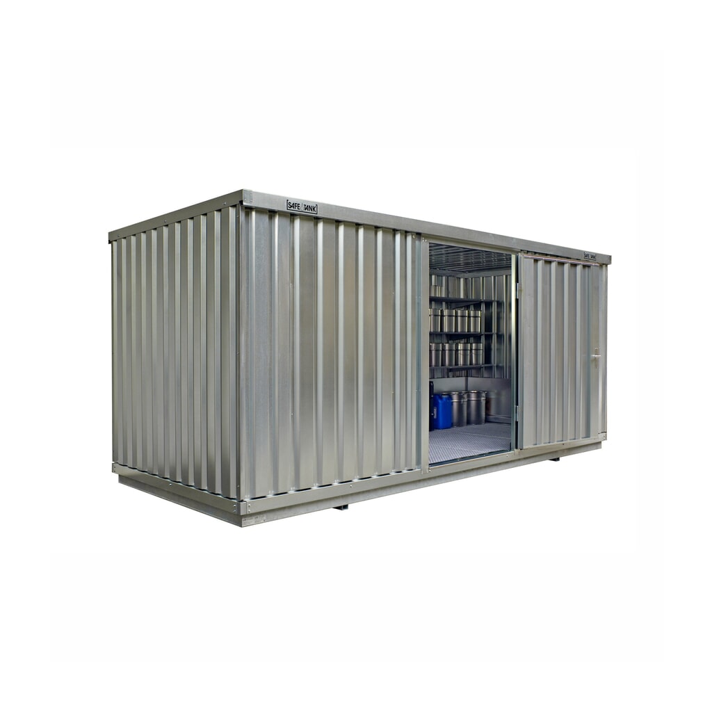 Produktabbildung: SAFE Tank Gefahrstoffcontainer 1700 WGK, verzinkt, montiert, Innen- und Außenaufstellung, Maße außen 5080x2170x2300 mm, Einzelflügeltür, mittig in  Breitseite, Lagerfläche 10 m²