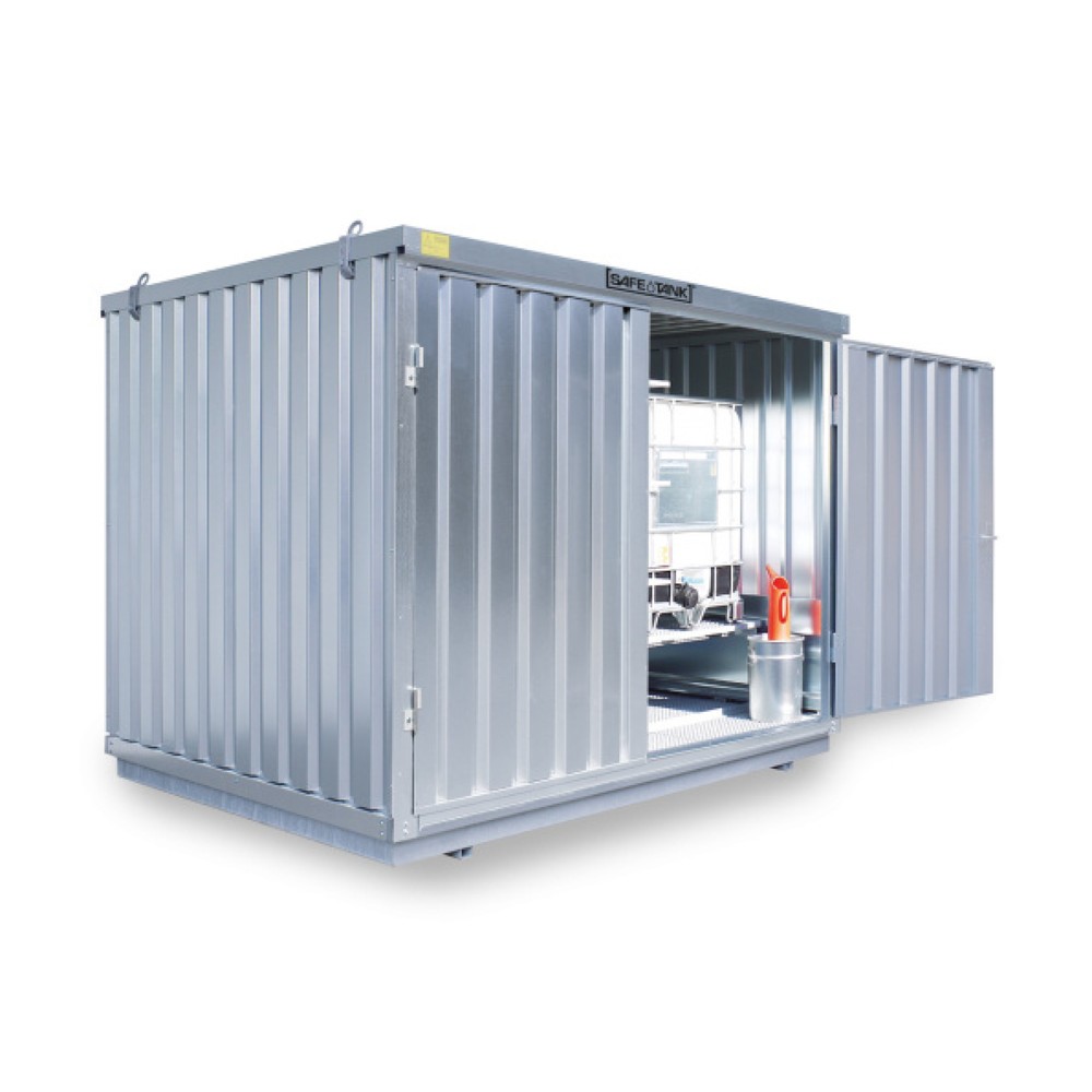 Produktabbildung: SAFE Tank Gefahrstoffcontainer 1350 WGK, verzinkt, montiert, Innen- und Außenaufstellung, Maße außen 4050x2170x2300 mm, Einzelflügeltür, mittig in Breitseite, Lagerfläche 8 m²