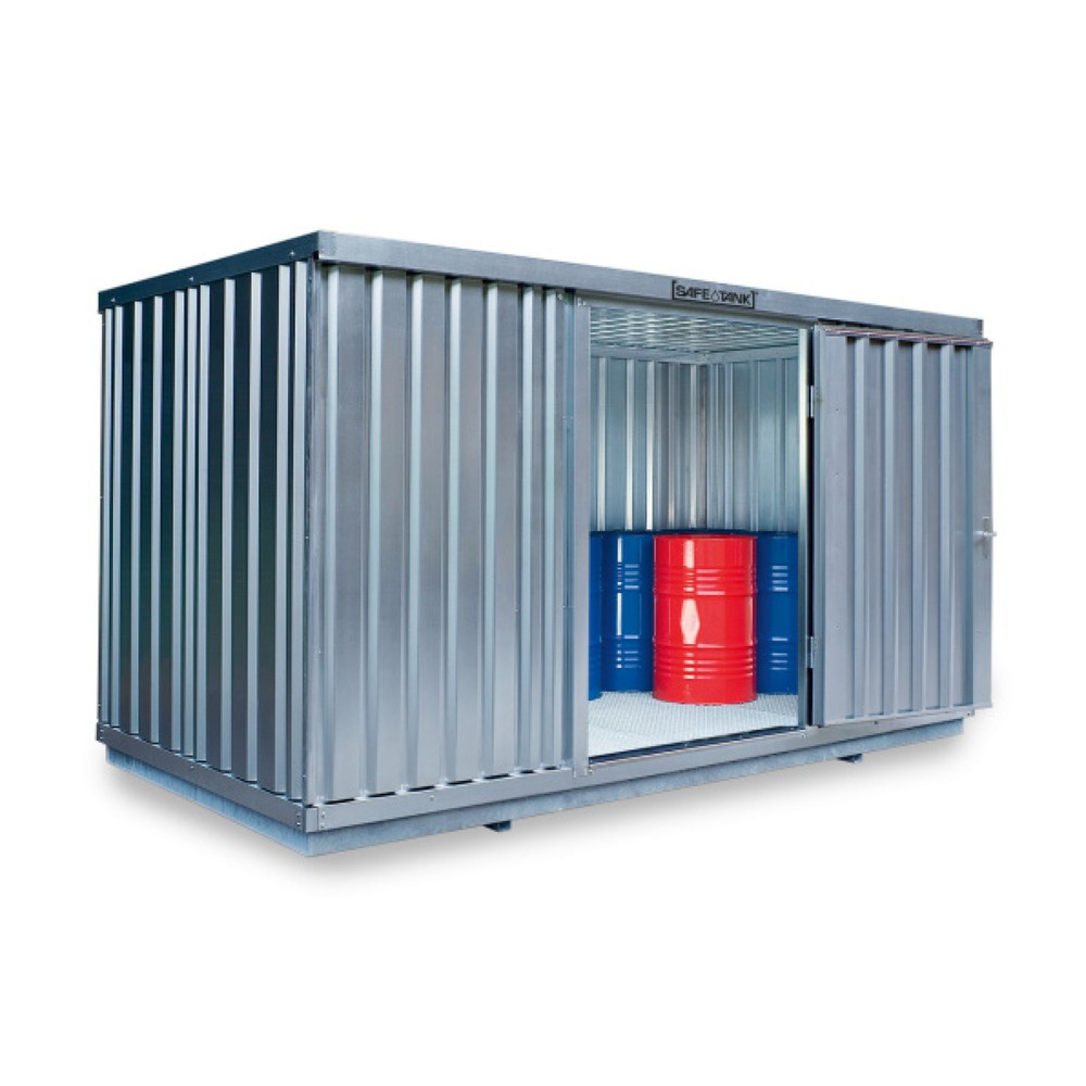 Produktabbildung: SAFE Tank Gefahrstoffcontainer 1000 WGK, verzinkt, montiert, Innen- und Außenaufstellung, Maße außen 3050x2170x2310 mm, Doppelflügeltür, mittig in Breitseite, Lagerfläche 6 m²