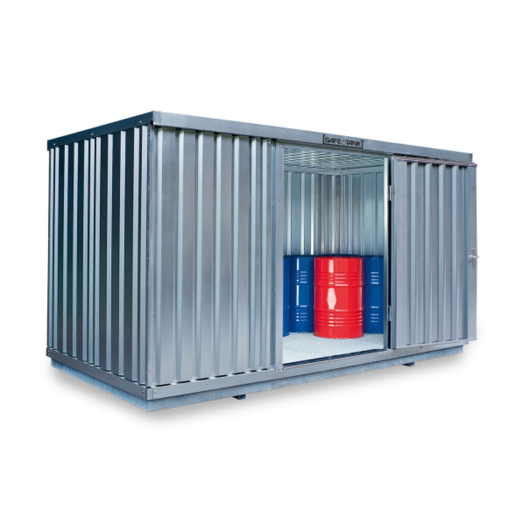 Produktabbildung: SAFE Tank Gefahrstoffcontainer 1000 WGK, verzinkt, montiert, Innen- und Außenaufstellung, Maße außen 3050x2170x2310 mm, Doppelflügeltür, mittig in Breitseite, Lagerfläche 6 m²