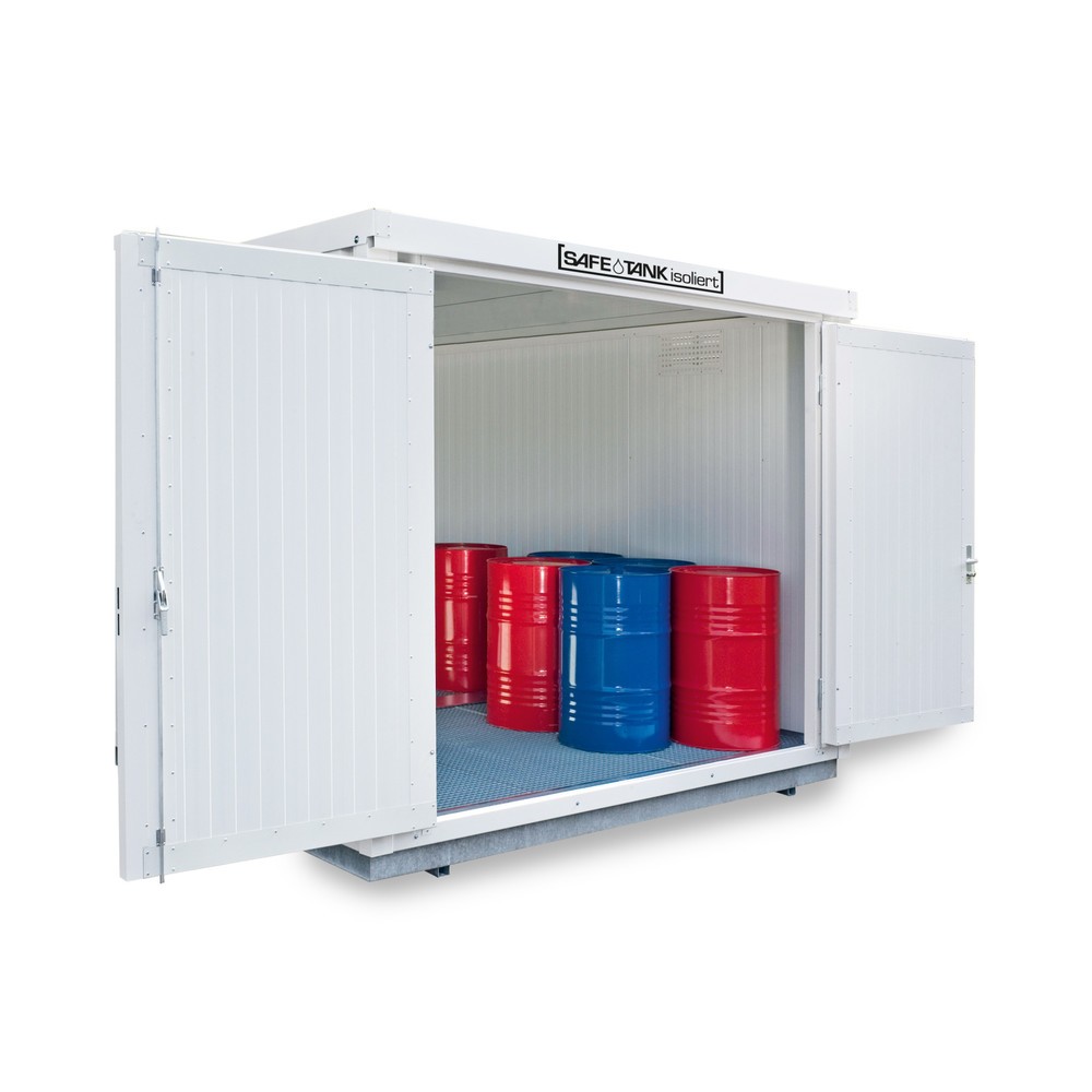 Produktabbildung: SAFE Tank Gefahrstoffcontainer 1000 KTC WGK, isoliert, montiert, kunststoffbeschichtet RAL9002, Maße außen 3050x2170x2560 mm, Doppelflügeltür, mittig in Breitseite, Lagerfläche 5 m²