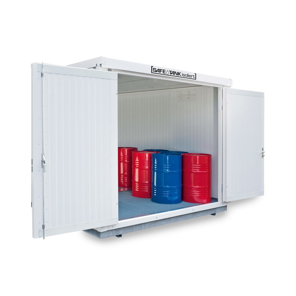 Produktabbildung: SAFE Tank Gefahrstoffcontainer 1000 WGK, isoliert, montiert, kunststoffbeschichtet RAL 9002, Maße außen 3050x2170x2560 mm, Einzelflügeltür, mittig in Stirnseite, Lagerfläche 6 m²