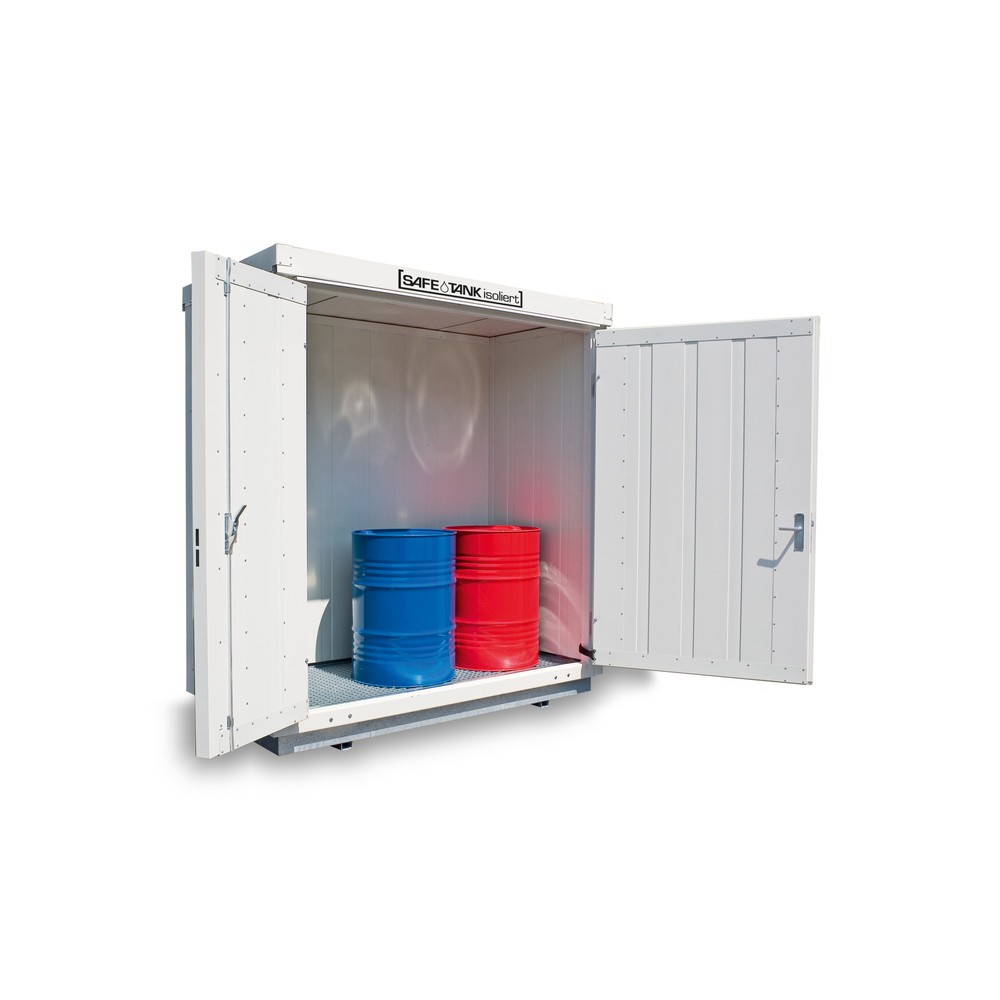 Produktabbildung: SAFE Tank Gefahrstoffcontainer 300 WGK, isoliert, montiert, kunststoffbeschichtet RAL 9002, Maße außen 2100x1140x2520 mm, Doppelflügeltür (asymmetrische Teilung), mittig in Breitseite, Lagerfläche 2 m²