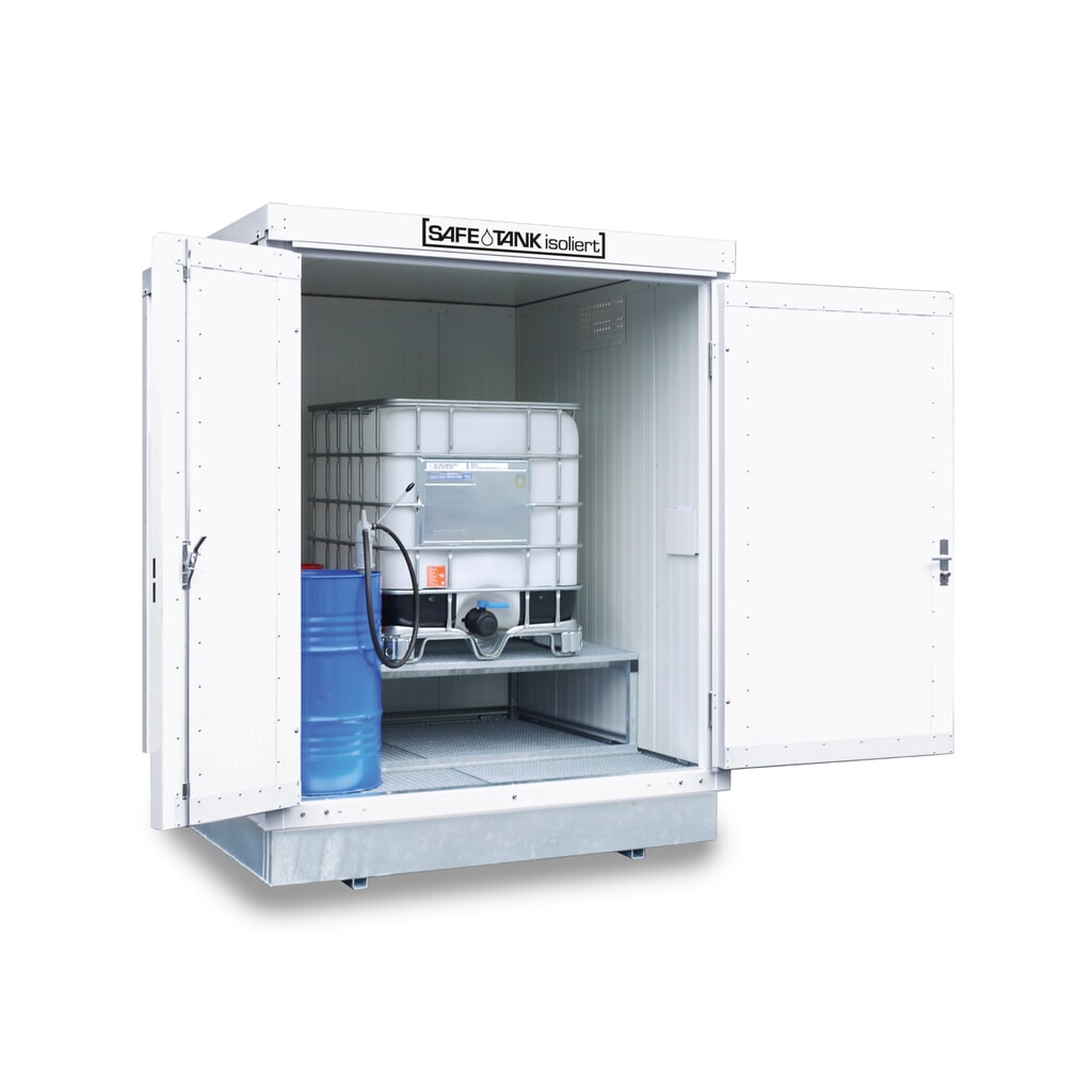 Produktabbildung: SAFE Tank Gefahrstoffcontainer 400 KTC WGK, isoliert, montiert, kunststoffbeschichtet RAL 9002, Maße außen 2100x2170x2650 mm, Doppelflügeltür (asymmetrische Teilung), mittig in Stirnseite, Lagerfläche 4 m²
