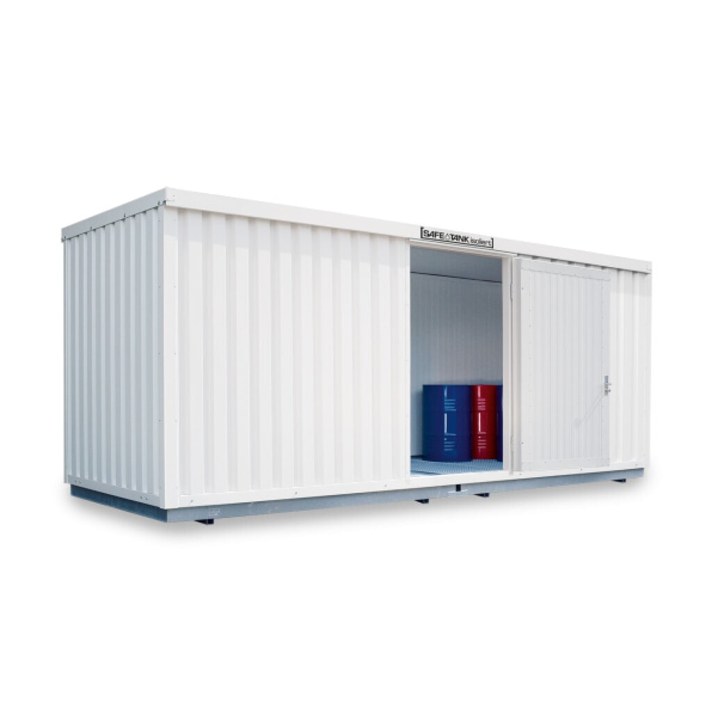 Produktabbildung: SAFE Tank Gefahrstoffcontainer 1700 WGK, isoliert, montiert, kunststoffbeschichtet RAL 9002, Maße außen 5080x2170x2520 mm, Einzelflügeltür, mittig in Breiseite, Lagerfläche 9 m²