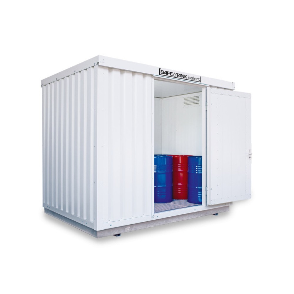Produktabbildung: SAFE Tank Gefahrstoffcontainer 1000 WGK, isoliert, montiert, kunststoffbeschichtet RAL 9002, Maße außen 3050x2170x2520 mm, Einzelflügeltür, mittig in Breitseite, Lagerfläche 5 m²