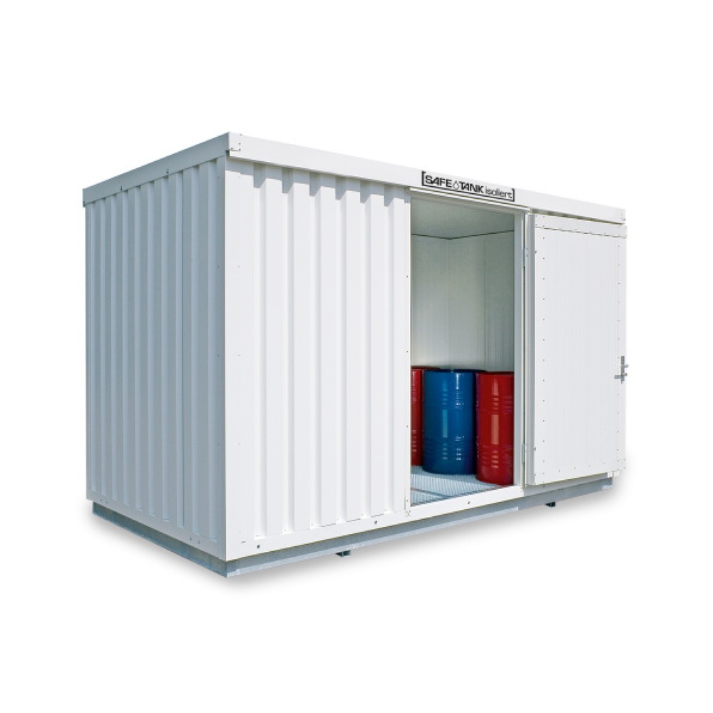 Produktabbildung: SAFE Tank Gefahrstoffcontainer 1350 WGK, isoliert, montiert, kunststoffbeschichtet RAL 9002, Maße außen 4050x2170x2520 mm, Einzelflügeltür. mittig in Breitseite, Lagerfläche 7 m²