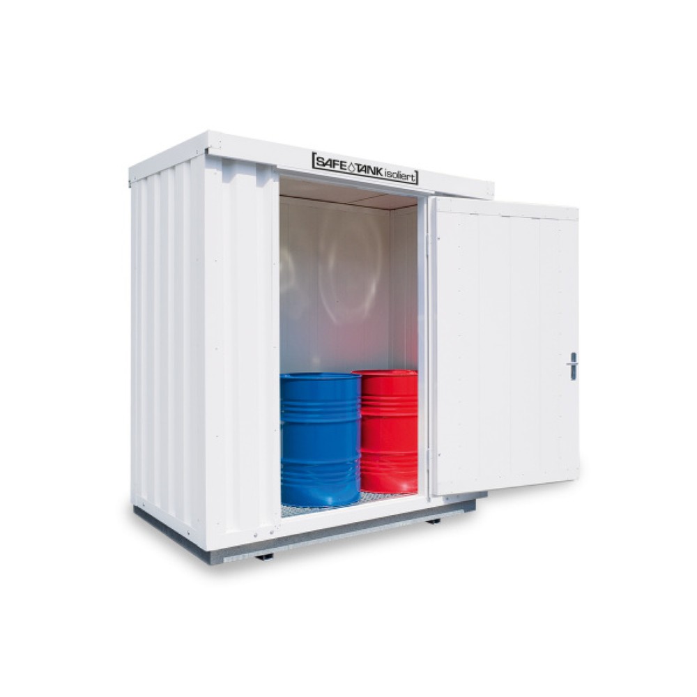 Produktabbildung: SAFE Tank Gefahrstoffcontainer 300 WGK, isoliert, montiert, kunststoffbeschichtet RAL 9002, Maße außen 2100x1140x2520 mm, Einzelflügeltür, mittig in Breitseite, Lagerfläche 2 m²