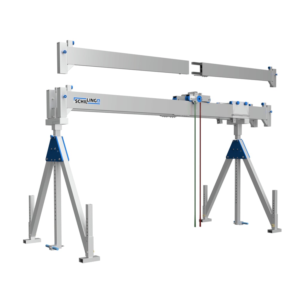 SCHILLING Alu-Portalkran mit teilbarem Doppelträger, Einhängepunkt 2245-3395 mm, Länge 4000 mm, TK 1500 kg Produktabbildung Nr. 1: SCHILLING Alu-Portalkran mit teilbarem Doppelträger, Einhängepunkt 2245-3395 mm, Länge 4000 mm, TK 1500 kg