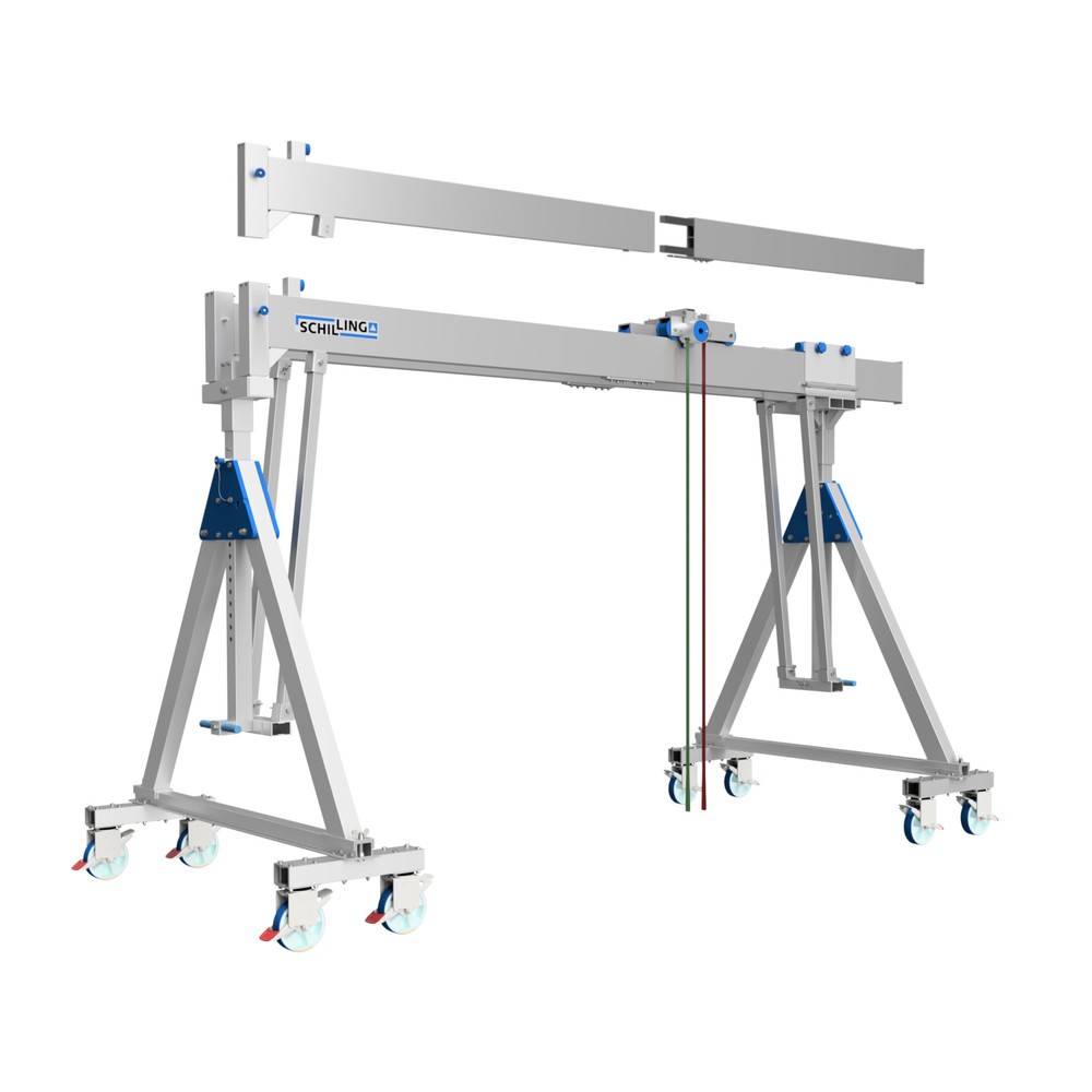Produktabbildung: SCHILLING Alu-Portalkran mit teilbarem Doppelträger, verfahrbar, Einhängepunkt 2.138-2.488 mm, Länge 6.000 mm, TK 3.000 kg