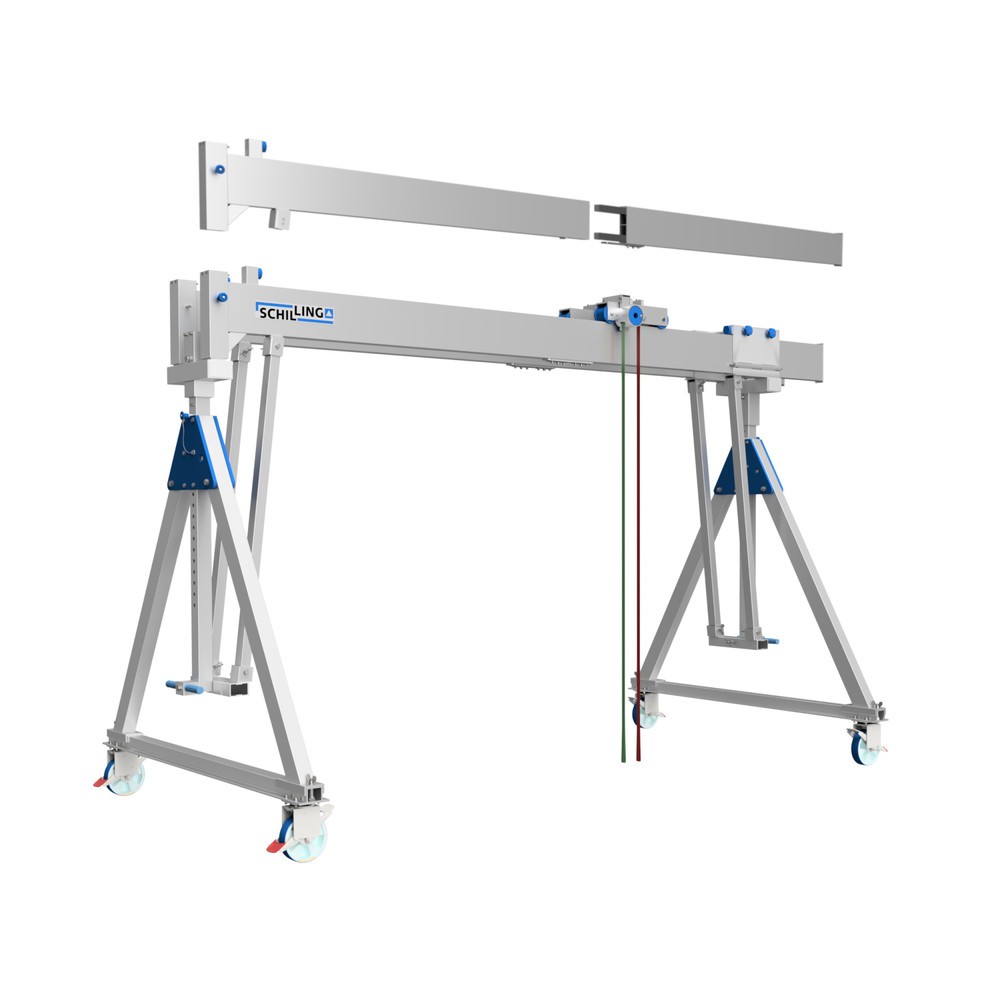 Produktabbildung: SCHILLING Alu-Portalkran mit teilbarem Doppelträger, verfahrbar, Einhängepunkt 2.044-2.444 mm, Länge 4.000 mm, TK 1.500 kg