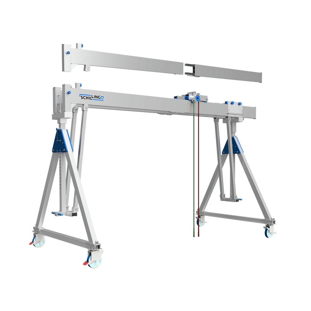 Produktabbildung: SCHILLING Alu-Portalkran mit teilbarem Doppelträger, verfahrbar, Einhängepunkt 2055-2405 mm, Länge 4000 mm, TK 1000 kg