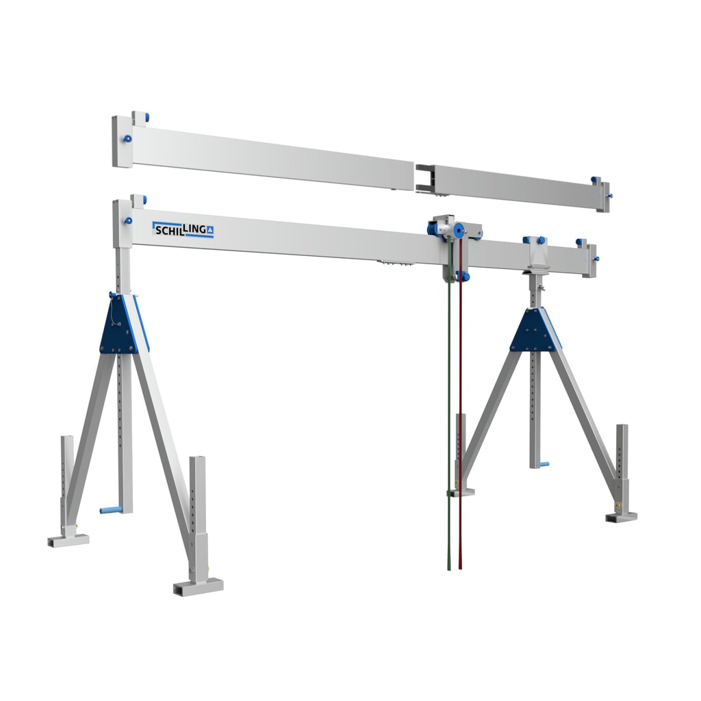 SCHILLING Alu-Portalkran mit teilbarem Träger, Einhängepunkt 1.249-2.349 mm, Länge 4.000 mm, TK 1.000 kg Produktabbildung: SCHILLING Alu-Portalkran mit teilbarem Träger, Einhängepunkt 1.249-2.349 mm, Länge 4.000 mm, TK 1.000 kg