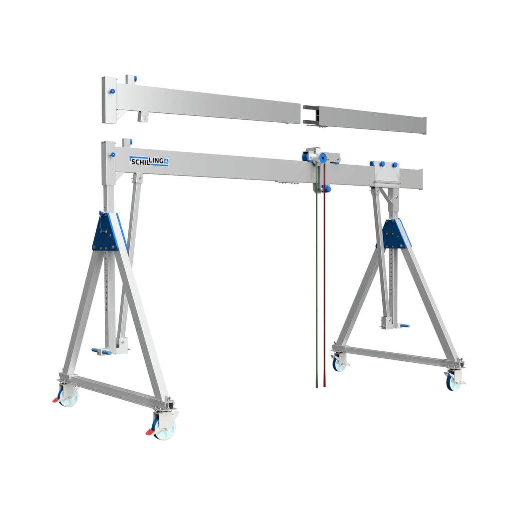 SCHILLING Alu-Portalkran mit teilbarem Träger, verfahrbar, Einhängepunkt 1.699-2.099 mm, Länge 4.000 mm, TK 1.000 kg Produktabbildung: SCHILLING Alu-Portalkran mit teilbarem Träger, verfahrbar, Einhängepunkt 1.699-2.099 mm, Länge 4.000 mm, TK 1.000 kg