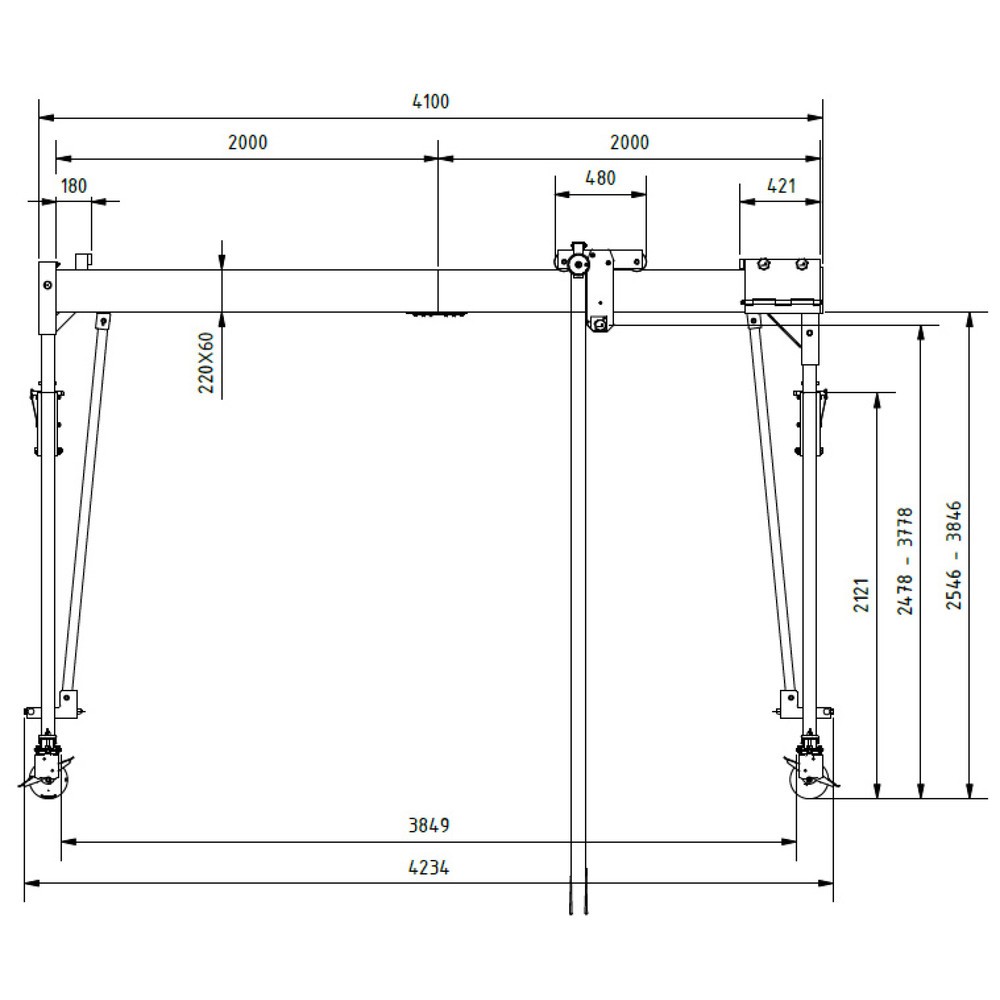 Produktabbildung Nr. 3: SCHILLING Alu-Portalkran mit teilbarem Träger, verfahrbar, Einhängepunkt 2.468-3.768 mm, Länge 4.000 mm, TK 1.000 kg