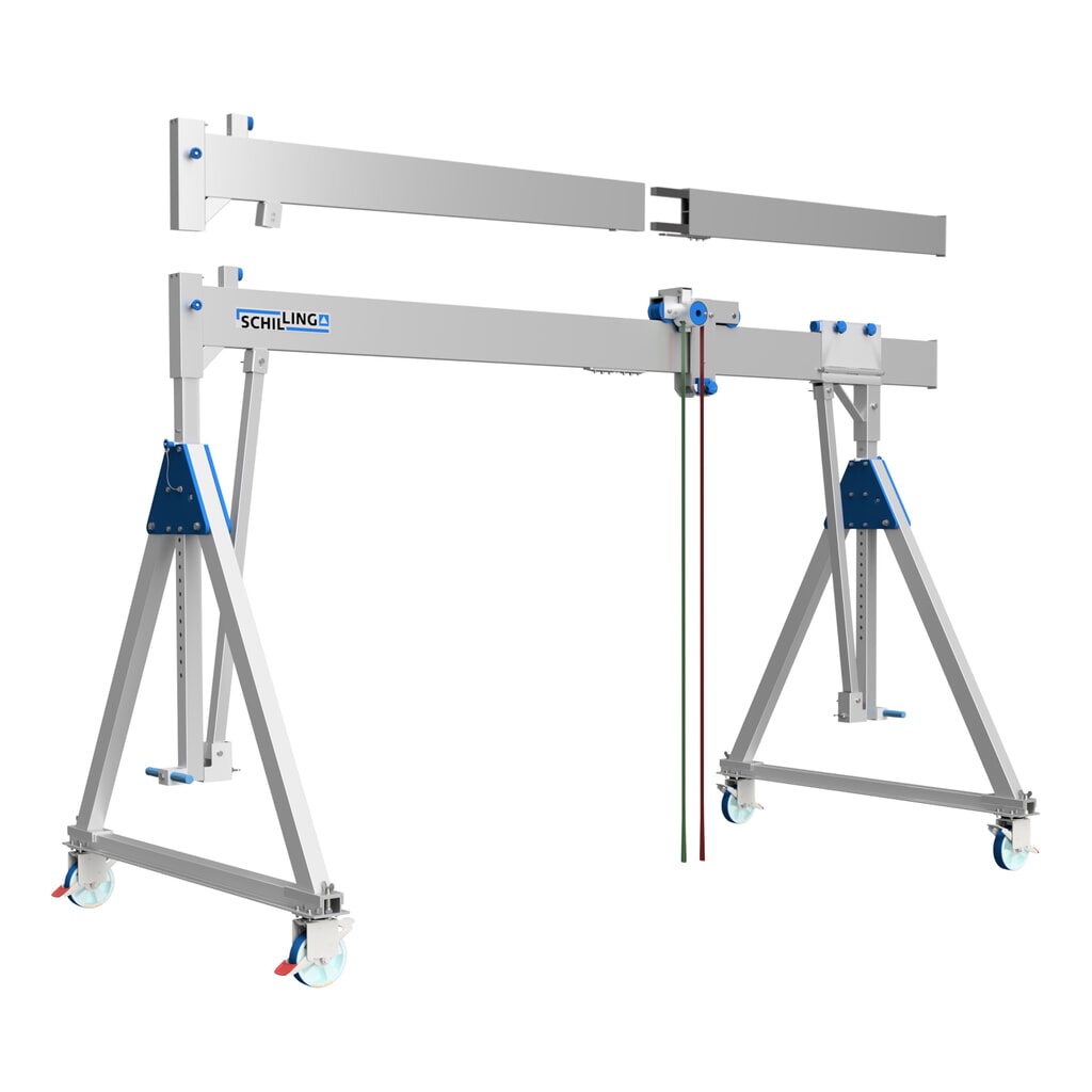 Produktabbildung: SCHILLING Alu-Portalkran mit teilbarem Träger, verfahrbar, Einhängepunkt 1.699-2.099 mm, Länge 4.000 mm, TK 500 kg