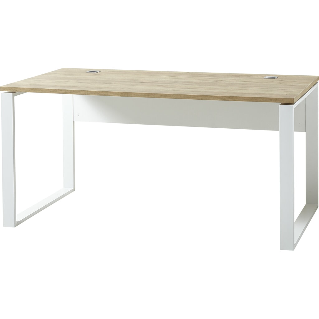 Produktabbildung: Schreibtisch LIONI, mit Metallkufen, 1.170 x 1.200 mm, Weiß/Navarra-Eiche-Nb.