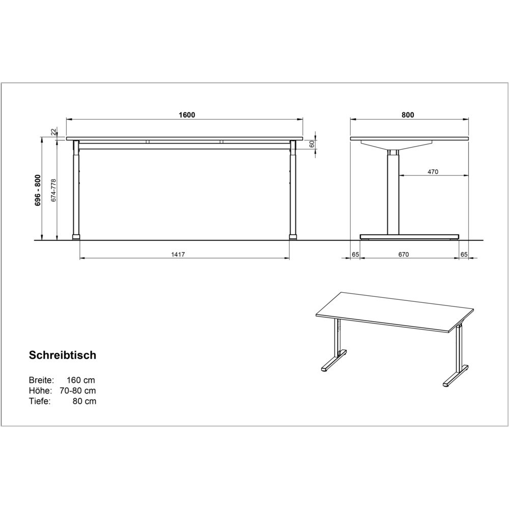 Produktabbildung Nr. 3: Schreibtisch PROFI, 1.600 x 800 mm, mech. höhenverstellbar, Lichtgrau/Silber
