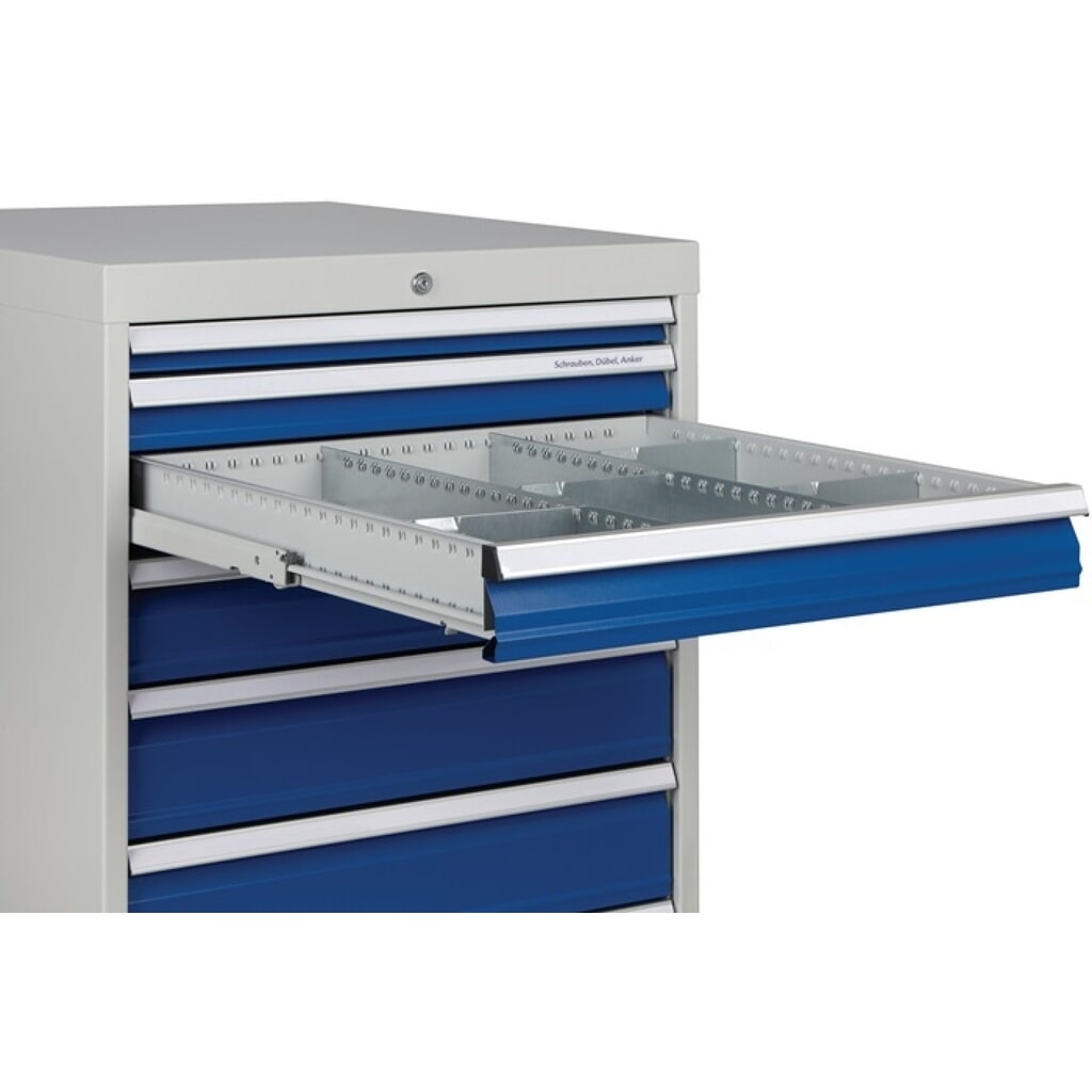 Schubladenschrank, lichtgrau/signalblau 7 Schubl., H1019xB705xT736mm, Vollauszug Produktabbildung Nr. 6: Schubladenschrank, lichtgrau/signalblau 7 Schubl., H1019xB705xT736mm, Vollauszug