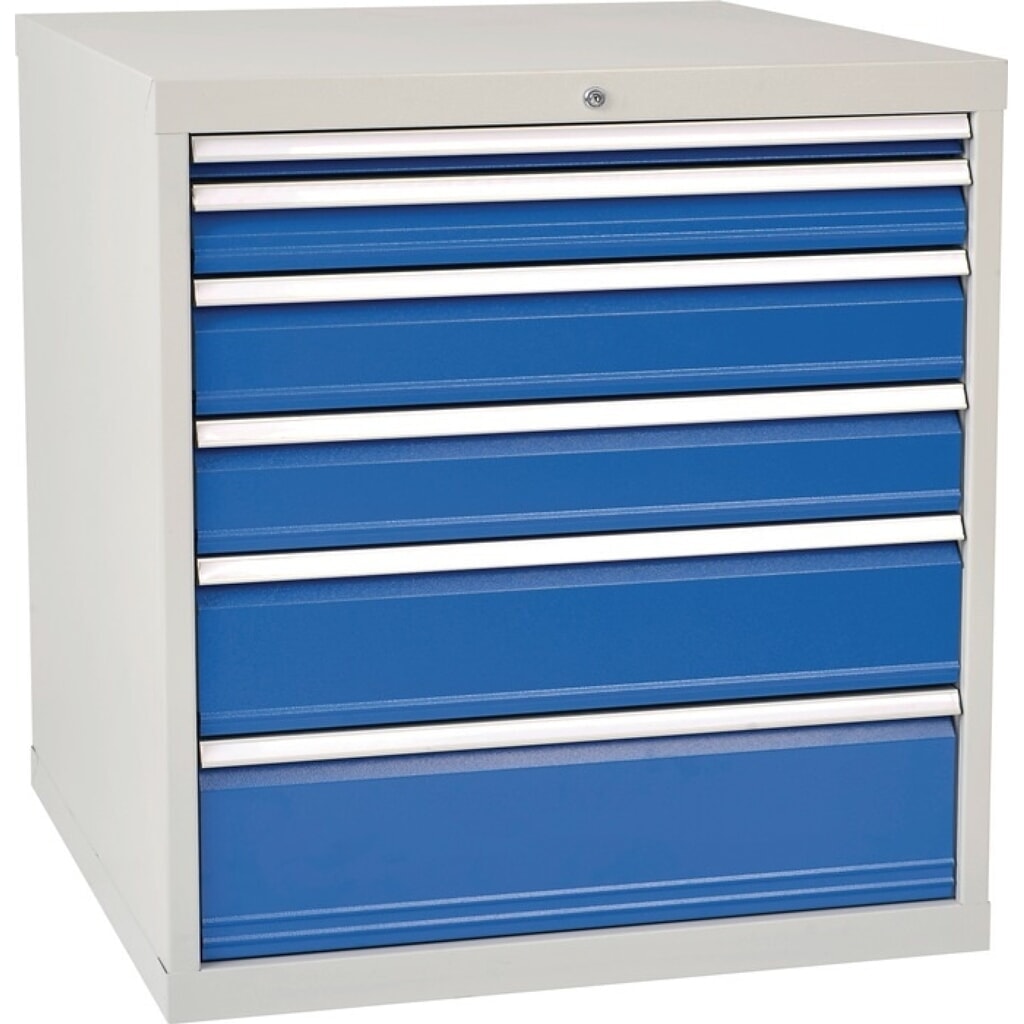 Schubladenschrank, grau/blau 6 Schubl., H1019xB1005xT736mm, Vollauszug Produktabbildung: Schubladenschrank, grau/blau 6 Schubl., H1019xB1005xT736mm, Vollauszug
