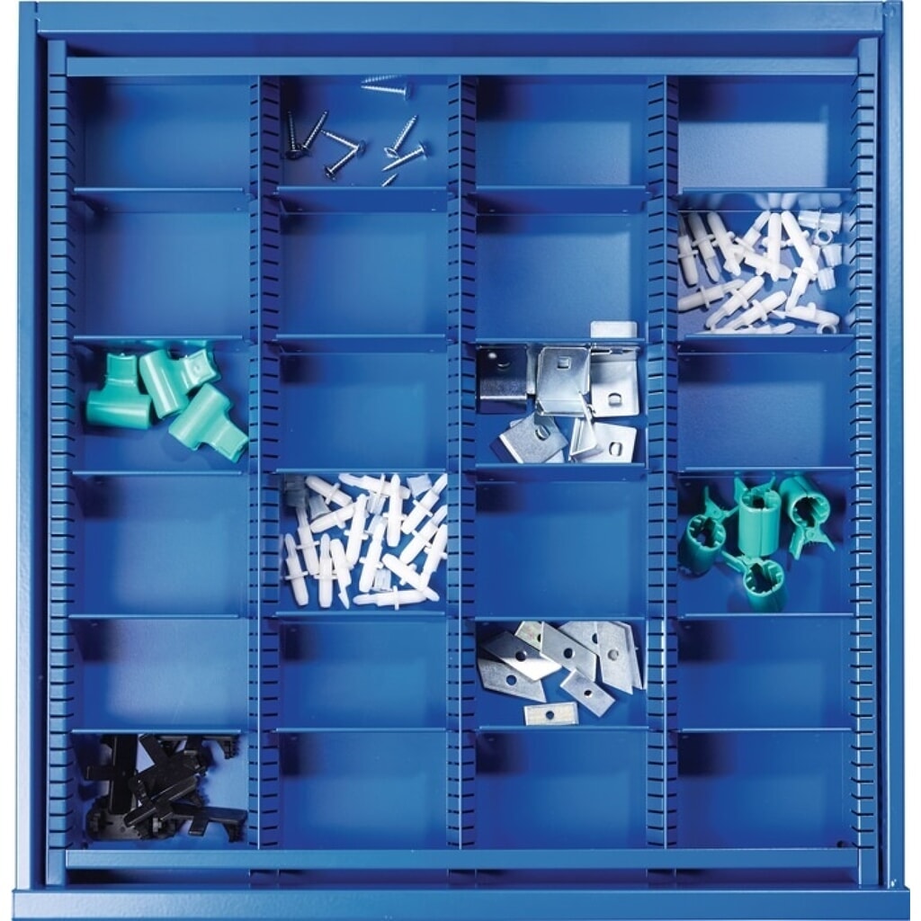 Schubladenunterteilungsmaterial BK 600, 3 Längs-/20 Querteiler, Fronthöhe 100 mm Produktabbildung: Schubladenunterteilungsmaterial BK 600, 3 Längs-/20 Querteiler, Fronthöhe 100 mm