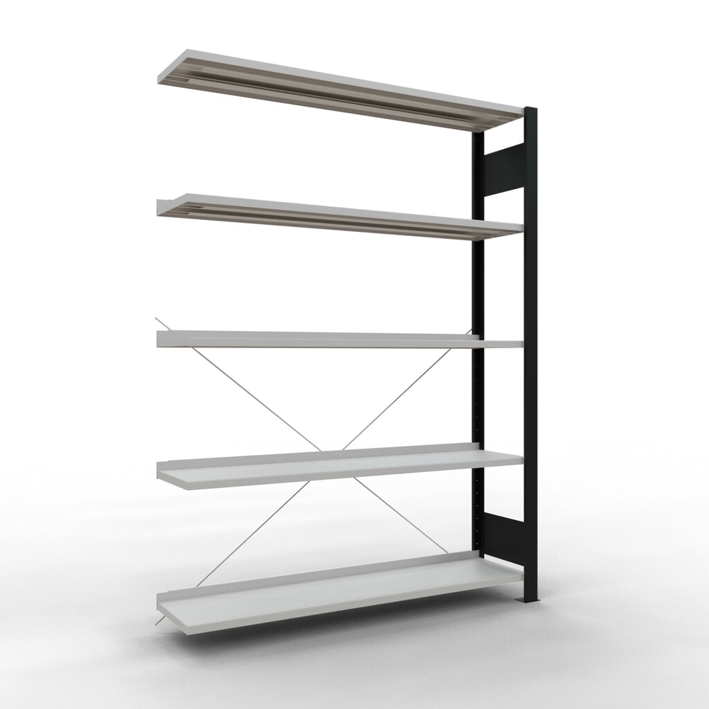 SCHULTE Aktenregal AF, einseitig, mit Endanschlägen, FL 85 kg, schwarz, HxBxT 1.800 x 1.300 x 300 mm Produktabbildung: SCHULTE Aktenregal AF, einseitig, mit Endanschlägen, FL 85 kg, schwarz, HxBxT 1.800 x 1.300 x 300 mm